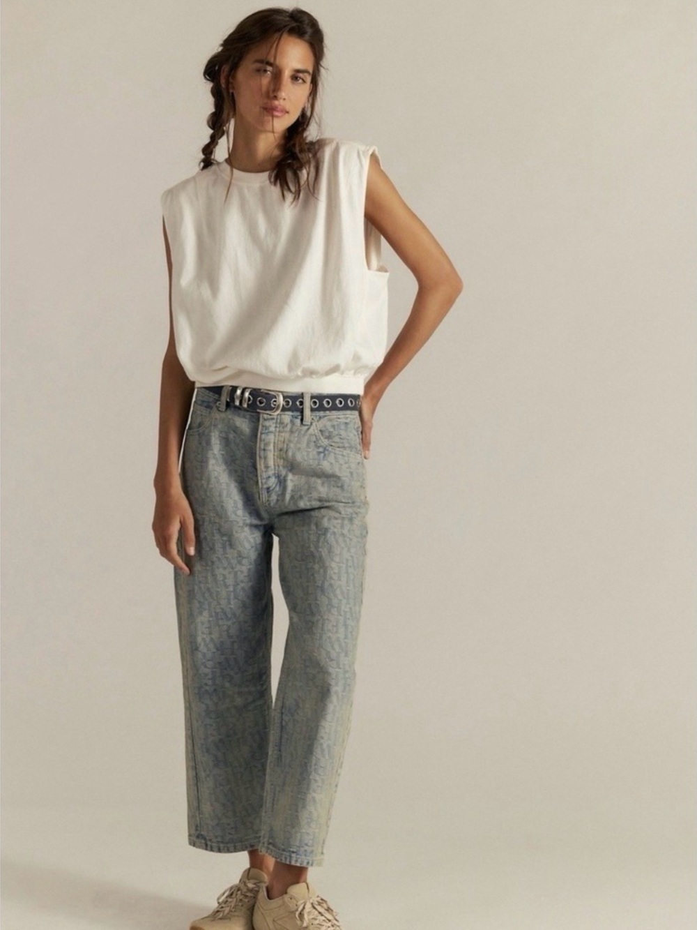 NWT Free People We The Free Deep Trance Dropped Jacquard Logo Blue Jeans